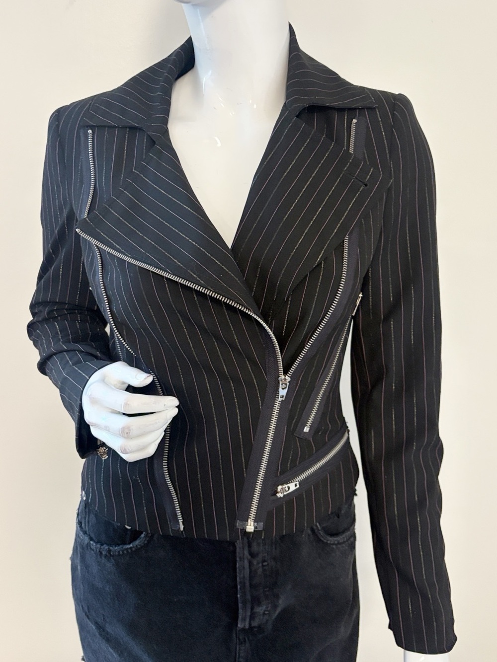 Vintage bebe Black w Pink & Green Pinstripe Motorcycle Jacket w Exposed Zippers